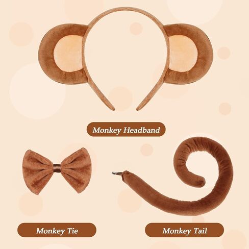 hoyuwak 3PCS Monkey Ears and Tail Accessory Set Monkey Ears Headband Tail Bow Costume Set for Women Men Halloween Cosplay Brown in Saudi Arabia