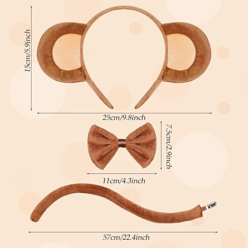 hoyuwak 3PCS Monkey Ears and Tail Accessory Set Monkey Ears Headband Tail Bow Costume Set for Women Men Halloween Cosplay Brown in Saudi Arabia