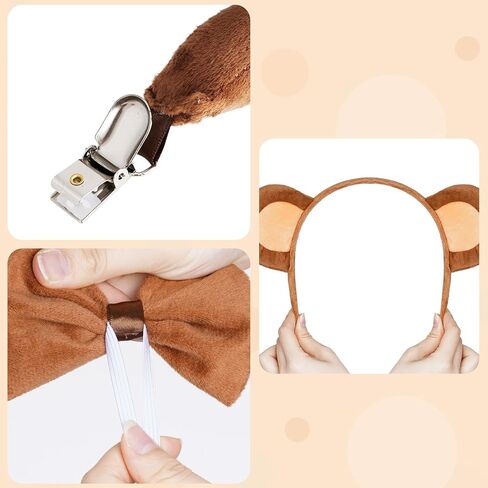 hoyuwak 3PCS Monkey Ears and Tail Accessory Set Monkey Ears Headband Tail Bow Costume Set for Women Men Halloween Cosplay Brown in Saudi Arabia
