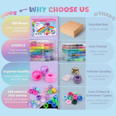 Gionlion 7 Boxes Pony Beads Bracelet Making Kit, 144 Colors 4700Pcs 6x9mm Kandi Rave Beads, Friendship Bracelet Kit with 800Pcs Letter Bead for DIY Jewelry, Keychains, Arts and Crafts for Kids Girls in Kuwait
