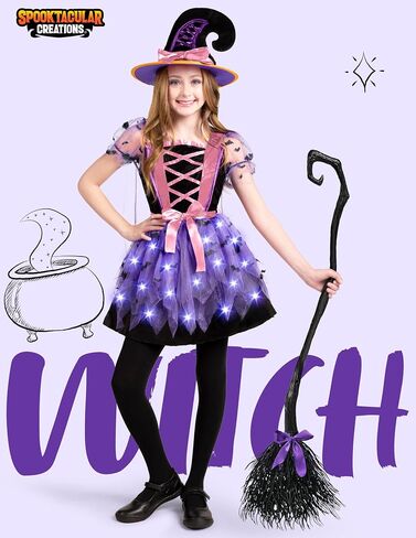 إبداعات spooktacular الفتيات تضيء زي الساحرة ، زي ساحرة الأطفال مع قبعة ومكنسة لطفلة عيد الهالوين in Kuwait