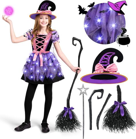 إبداعات spooktacular الفتيات تضيء زي الساحرة ، زي ساحرة الأطفال مع قبعة ومكنسة لطفلة عيد الهالوين in Kuwait
