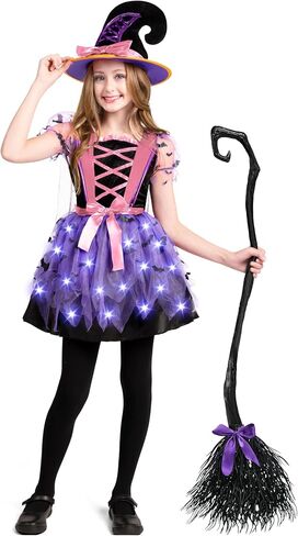 إبداعات spooktacular الفتيات تضيء زي الساحرة ، زي ساحرة الأطفال مع قبعة ومكنسة لطفلة عيد الهالوين in Kuwait