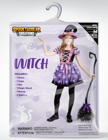إبداعات spooktacular الفتيات تضيء زي الساحرة ، زي ساحرة الأطفال مع قبعة ومكنسة لطفلة عيد الهالوين in Kuwait