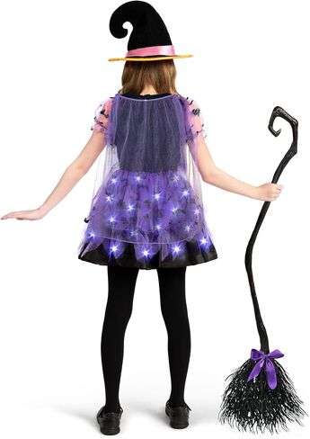 إبداعات spooktacular الفتيات تضيء زي الساحرة ، زي ساحرة الأطفال مع قبعة ومكنسة لطفلة عيد الهالوين in Kuwait