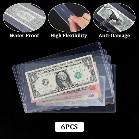 6 Pack Dollar Bill Sleeves,8" X 4.3" PVC Clear Dollar Bill Holder Money Plastic Sleeves for Cash Waterproof Currency Holder for Bills Currency Topload Holders Bills Protectors for Collectors in Saudi Arabia