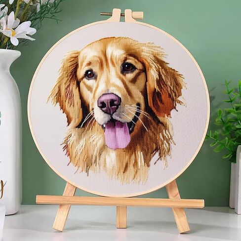DIY Cross Stitch Kits Golden Retriever Easy for Beginners with Hoop 11CT Needlepoint Embroidery Counted Stamped Cross Stitch Set Craft Wall Decor 20x20cm(1) in Saudi Arabia