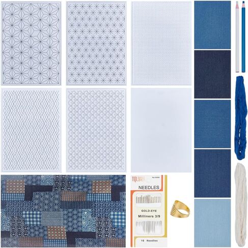 ORIGACH Sashiko Embroidery Mending Patchwork Kit for Adults & Beginners - Complete with Guided Instructions, Water Soluble Adhesive Patterns & Stabilizer - Simplify Fabric Mending Kit in Saudi Arabia
