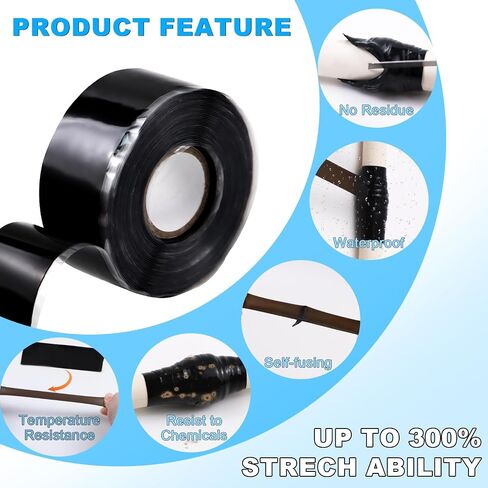FOURGUN Self Fusing Silicone Tape Black 1" x 16.4FT Heavy Duty Waterproof Leak Proof Repair Tape for Plumbing Hose Pipeline Electrical Wrapping Emergency Seal for Hot/Cold Pipes & Tools in Kuwait