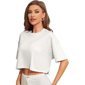 Womens Half Sleeve Drop Shoulder Round Neck Loose Fit Solid Color Crop Tops in Kuwait
