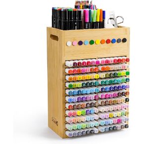 Marker Organizer for Desk - 154 Capacity Wooden Marker Holder - Ergonomic Handles - Additional Art Supply Storage Rack for 130 Alcohol Markers, Pens, and Pencils - Desktop Stand for Markers - Bamboo in Saudi Arabia