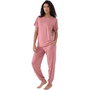 Joyaria Women's Bamboo Viscose Pajamas Short Sleeve Round Neck Top & Jogger Pajama Pants with Pocket in Kuwait