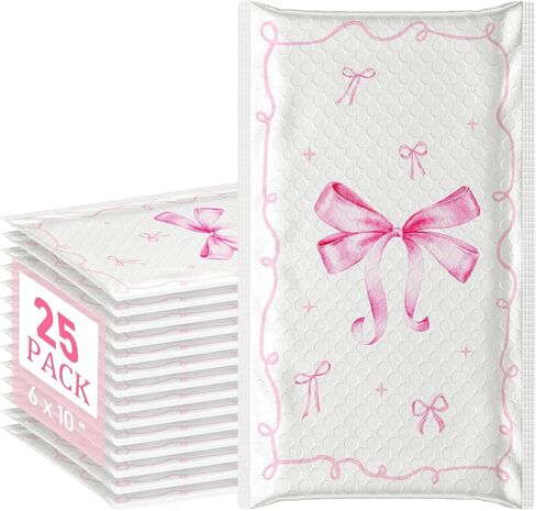 Pasimy 25 Pcs Pink Bow Poly Mailers Strong Adhesive Coquette Packaging Bags Large Mailing Envelope Bulk Waterproof Shipping Envelopes for Small Business Clothing Makeup Items (Bubble Padded) in Saudi Arabia