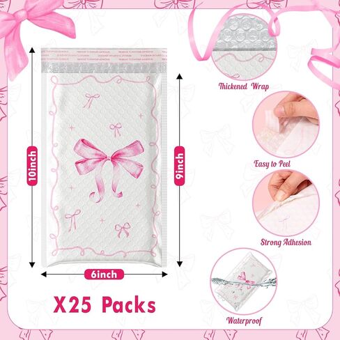Pasimy 25 Pcs Pink Bow Poly Mailers Strong Adhesive Coquette Packaging Bags Large Mailing Envelope Bulk Waterproof Shipping Envelopes for Small Business Clothing Makeup Items (Bubble Padded) in Saudi Arabia