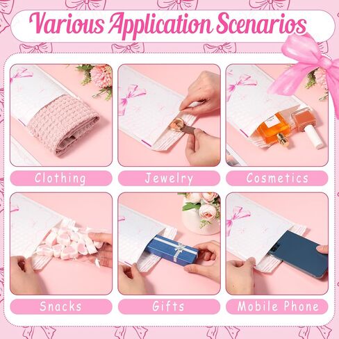 Pasimy 25 Pcs Pink Bow Poly Mailers Strong Adhesive Coquette Packaging Bags Large Mailing Envelope Bulk Waterproof Shipping Envelopes for Small Business Clothing Makeup Items (Bubble Padded) in Saudi Arabia
