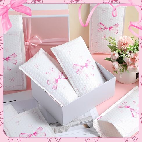 Pasimy 25 Pcs Pink Bow Poly Mailers Strong Adhesive Coquette Packaging Bags Large Mailing Envelope Bulk Waterproof Shipping Envelopes for Small Business Clothing Makeup Items (Bubble Padded) in Saudi Arabia