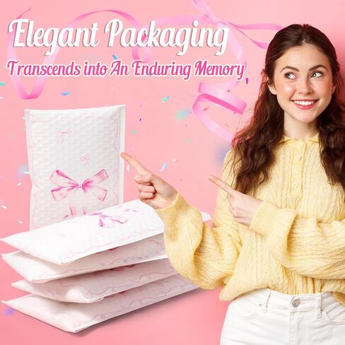 Pasimy 25 Pcs Pink Bow Poly Mailers Strong Adhesive Coquette Packaging Bags Large Mailing Envelope Bulk Waterproof Shipping Envelopes for Small Business Clothing Makeup Items (Bubble Padded) in Saudi Arabia