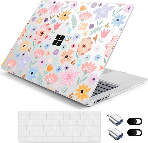 حالة صلبة لـ Microsoft Surface المحمول Surface Copilot+ PC 2024 (7th Ed) تصميم الأزهار الخفيفة الأزهار الصافية ، مع غطاء لوحة مفاتيح TPU ومحولات OTG ، زهور ملونة in Kuwait