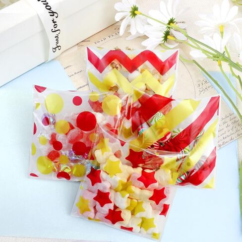 100 PCS Black Orange Polka Dots Star Stripe Cellophane bags(4x4 Inch) Colorful Self Sealing Cookie Treat Snack Goodie Candy Goody Gifts Bags for Halloween Birthday Holiday Party Favors Supplies Wrap in Saudi Arabia