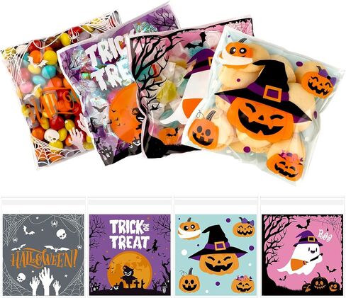 Konsait 100 PCS Small Halloween Treat Bags, Self Adhesive Clear Cookie Bags Halloween Cellophane Baggies for Candy Trick or Treat Party Favor Supplies in Saudi Arabia