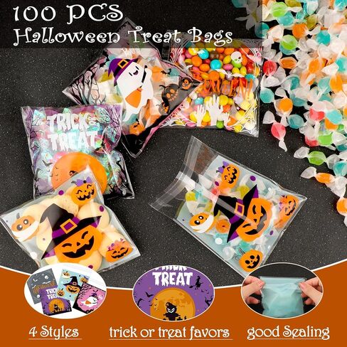 Konsait 100 PCS Small Halloween Treat Bags, Self Adhesive Clear Cookie Bags Halloween Cellophane Baggies for Candy Trick or Treat Party Favor Supplies in Saudi Arabia