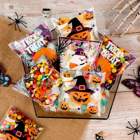 Konsait 100 PCS Small Halloween Treat Bags, Self Adhesive Clear Cookie Bags Halloween Cellophane Baggies for Candy Trick or Treat Party Favor Supplies in Saudi Arabia
