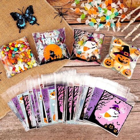 Konsait 100 PCS Small Halloween Treat Bags, Self Adhesive Clear Cookie Bags Halloween Cellophane Baggies for Candy Trick or Treat Party Favor Supplies in Saudi Arabia