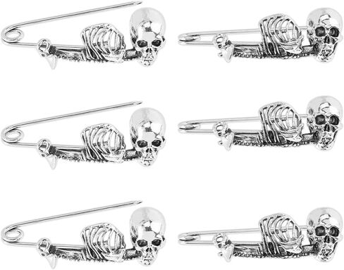 SUPERFINDINGS 6Pcs Skull Safety Pin Gothic Punk Safety Pin Antique Silver Large Safety Pins Brooch Alloy Kilt Pins Skeleton Brooch for Clothes Scarf Backpack Kirt Cardigan Hat Scarf in Saudi Arabia