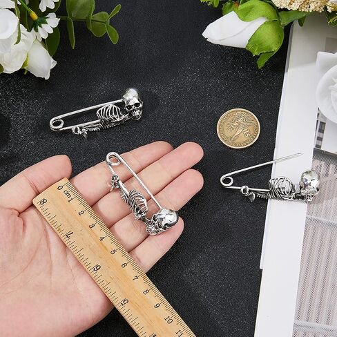 SUPERFINDINGS 6Pcs Skull Safety Pin Gothic Punk Safety Pin Antique Silver Large Safety Pins Brooch Alloy Kilt Pins Skeleton Brooch for Clothes Scarf Backpack Kirt Cardigan Hat Scarf in Saudi Arabia