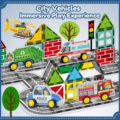 Oriate Rolling City Vehicle for Magnetic Tiles, Free Wheels Rescue Toy Cars Compatible with Road Magnet Tiles, Car Toys for Kids Urban Road Traffic Magnetic Tiles Toys, Educational Gift Boys Girls in Saudi Arabia