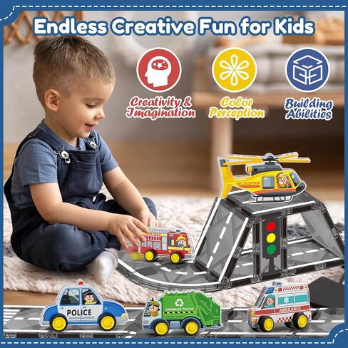 Oriate Rolling City Vehicle for Magnetic Tiles, Free Wheels Rescue Toy Cars Compatible with Road Magnet Tiles, Car Toys for Kids Urban Road Traffic Magnetic Tiles Toys, Educational Gift Boys Girls in Saudi Arabia