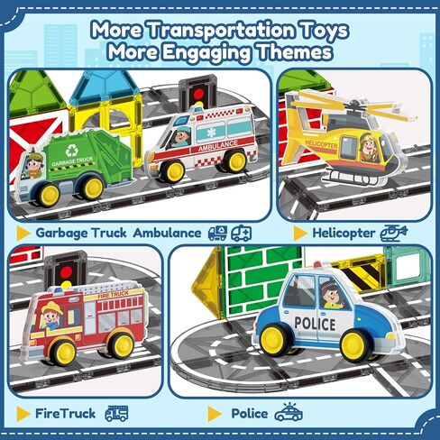 Oriate Rolling City Vehicle for Magnetic Tiles, Free Wheels Rescue Toy Cars Compatible with Road Magnet Tiles, Car Toys for Kids Urban Road Traffic Magnetic Tiles Toys, Educational Gift Boys Girls in Saudi Arabia