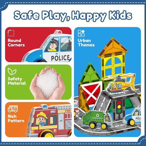 Oriate Rolling City Vehicle for Magnetic Tiles, Free Wheels Rescue Toy Cars Compatible with Road Magnet Tiles, Car Toys for Kids Urban Road Traffic Magnetic Tiles Toys, Educational Gift Boys Girls in Saudi Arabia