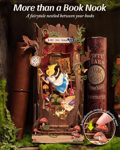 ROBOTIME Book Nook Kit, Fairy Tale Princess DIY Miniature House Kit, Fall into Wonder 3D Wooden Puzzle Bookends, Tiny House Bookshelf Decor Creative Decorative Unique Gifts for Adults & Teens in Saudi Arabia