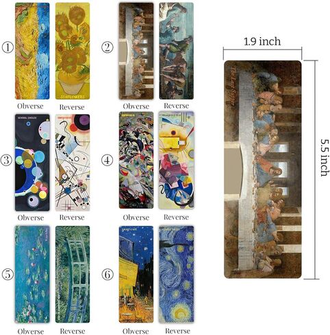 Bookmark,6-Pack World Famous Painting Bookmarks-Van Gogh, Monet, Da Vinci, Kandinsky,Double-Sided Art Prints,1.97"x5.5",Starry Night, Water Lilies, Sunflowers, Last Supper (6) in Saudi Arabia