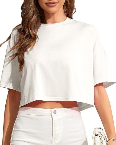 Womens Half Sleeve Drop Shoulder Round Neck Loose Fit Solid Color Crop Tops in Kuwait