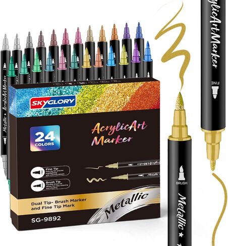 24 Colors Metallic Acrylic Marker Art Pens Set - Dual Tip (Brush & Fine) Paint Pens for Rock Painting, DIY Crafts, Canvas, Ceramics, Glass in Saudi Arabia