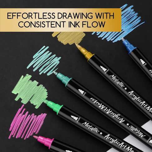 24 Colors Metallic Acrylic Marker Art Pens Set - Dual Tip (Brush & Fine) Paint Pens for Rock Painting, DIY Crafts, Canvas, Ceramics, Glass in Saudi Arabia