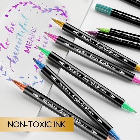 24 Colors Metallic Acrylic Marker Art Pens Set - Dual Tip (Brush & Fine) Paint Pens for Rock Painting, DIY Crafts, Canvas, Ceramics, Glass in Saudi Arabia
