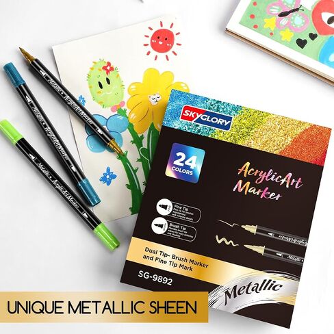 24 Colors Metallic Acrylic Marker Art Pens Set - Dual Tip (Brush & Fine) Paint Pens for Rock Painting, DIY Crafts, Canvas, Ceramics, Glass in Saudi Arabia