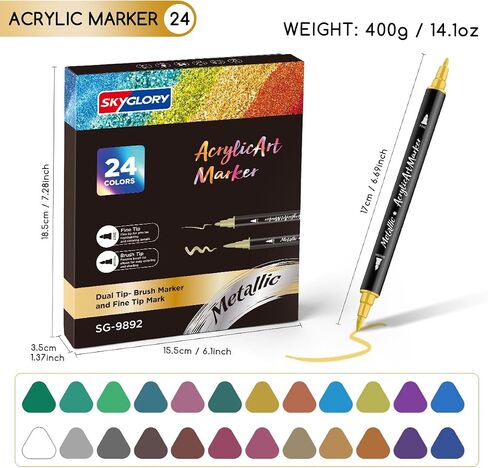 24 Colors Metallic Acrylic Marker Art Pens Set - Dual Tip (Brush & Fine) Paint Pens for Rock Painting, DIY Crafts, Canvas, Ceramics, Glass in Saudi Arabia