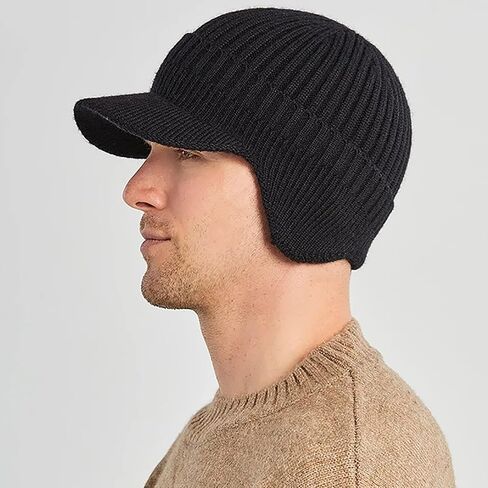 KorhLeoh Men's Winter Visor Hat Beanie Hat with Earflaps - Short Brim Knitted Baseball Cap Outdoor Fleece Lined Skull Ski Cap in Saudi Arabia