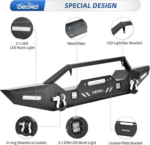 مجموعة المصد الخلفي OEDRO متوافقة مع 07-18 Jeep Wrangler JK وغير محدود مع جهاز استقبال وصلة 2 بوصة وحلقة على شكل حرف D ومصابيح LED مربعة 2x، تصميم Star Guardian، زاحف الصخور السوداء المحسن على الطرق الوعرة in Saudi Arabia