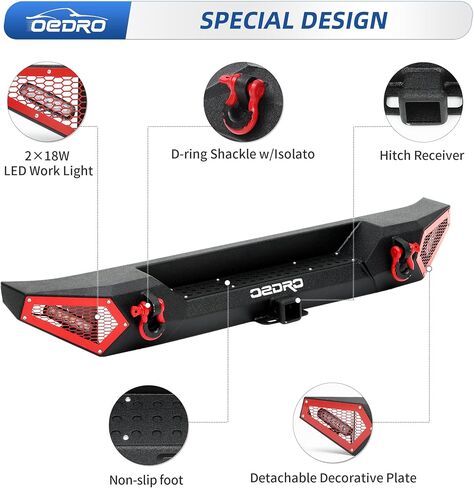 مجموعة المصد الخلفي OEDRO متوافقة مع 07-18 Jeep Wrangler JK وغير محدود مع جهاز استقبال وصلة 2 بوصة وحلقة على شكل حرف D ومصابيح LED مربعة 2x، تصميم Star Guardian، زاحف الصخور السوداء المحسن على الطرق الوعرة in Saudi Arabia