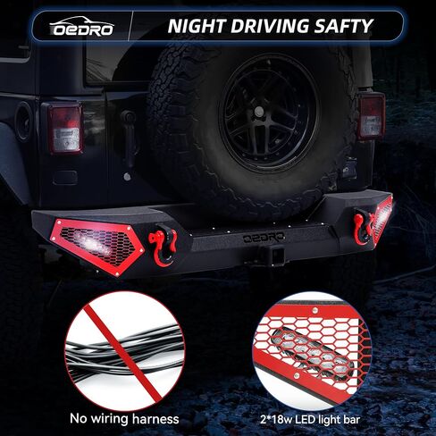 مجموعة المصد الخلفي OEDRO متوافقة مع 07-18 Jeep Wrangler JK وغير محدود مع جهاز استقبال وصلة 2 بوصة وحلقة على شكل حرف D ومصابيح LED مربعة 2x، تصميم Star Guardian، زاحف الصخور السوداء المحسن على الطرق الوعرة in Saudi Arabia