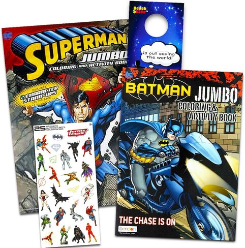 DC Comics Batman & Superman Coloring and Activity Book Set - Two 96 -Page Coloring Books, Stickers and Superhero Door Hanger in Saudi Arabia