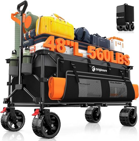 48" L Collapsible Wagon Cart Foldable, 560LB Weight Capacity 300L Heavy Duty Folding Beach Wagons with Big All-Terrain Wheels, Utility Carts for Groceries, Shopping, Camping, Sports - Red in Saudi Arabia