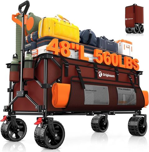 48" L Collapsible Wagon Cart Foldable, 560LB Weight Capacity 300L Heavy Duty Folding Beach Wagons with Big All-Terrain Wheels, Utility Carts for Groceries, Shopping, Camping, Sports - Red in Saudi Arabia
