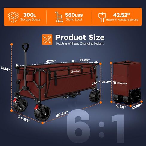 48" L Collapsible Wagon Cart Foldable, 560LB Weight Capacity 300L Heavy Duty Folding Beach Wagons with Big All-Terrain Wheels, Utility Carts for Groceries, Shopping, Camping, Sports - Red in Saudi Arabia