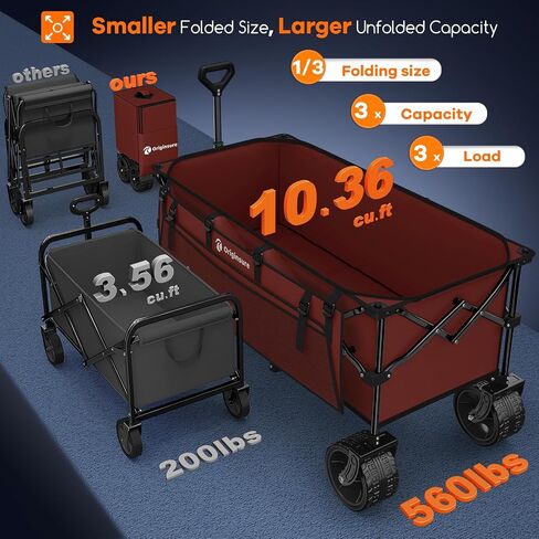 48" L Collapsible Wagon Cart Foldable, 560LB Weight Capacity 300L Heavy Duty Folding Beach Wagons with Big All-Terrain Wheels, Utility Carts for Groceries, Shopping, Camping, Sports - Red in Saudi Arabia